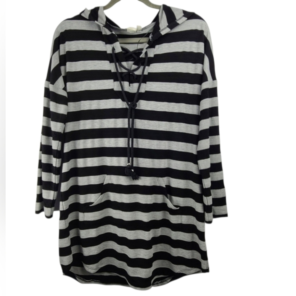 St. Tropez West Nautical Striped Hooded Sweater Sz L Coastal Preppy Long Sleeve
